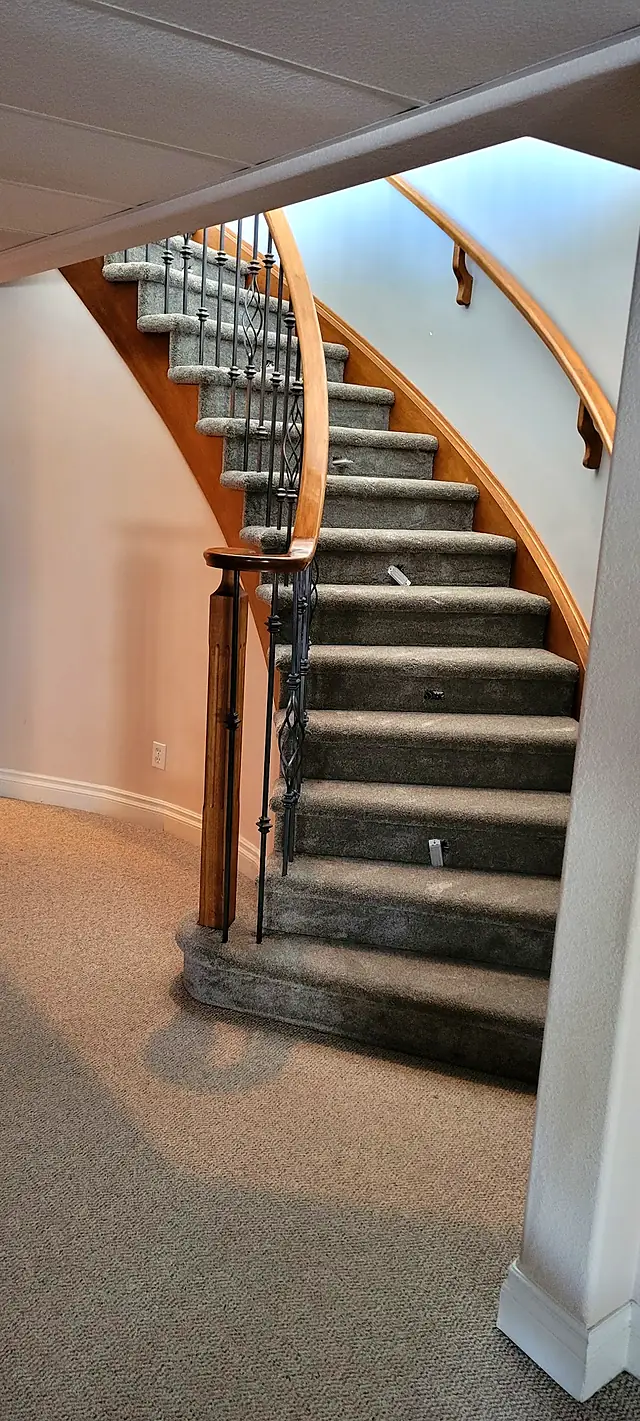 Curved staircase with carpeted treads