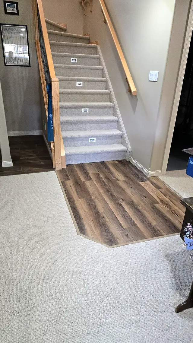Carpeted staircase meeting plank flooring at the entry